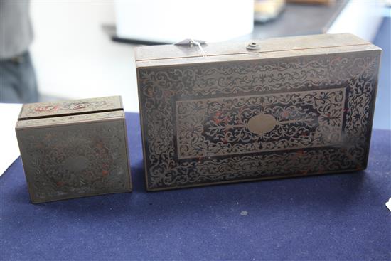 An early 20th century red boullework cigar box and a matching cigarette box, width 11in. and 4.5in.